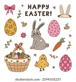 Lovely multicolor doodle Happy Easter set with Easter bunny back view, cute baby chick, holiday basket full of painted ornate eggs, rabbit ear hiding in hole. Easter egg hunt pack isolated on white.