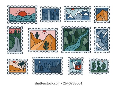 Lovely multicolored doodle set of retro postage stamp with picturesque scenery of seascape, desert, mountains, path, cloudscape, skyscraper. Hand drawn mail post card stickers with peaceful picture.