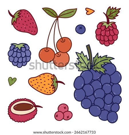 Lovely multicolored doodle set with summery and autumn fruit and berries. Vivid grape, strawberry, cherry for poster, design, social media, print. Healthy yummy food collection isolated on white.