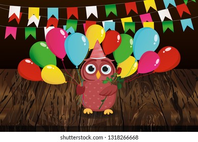 Lovely multicolored owlet keep empty pages and blank for your text or advertisement. Love Greeting card for the holiday. Vector illustration on a wooden background. Free place.