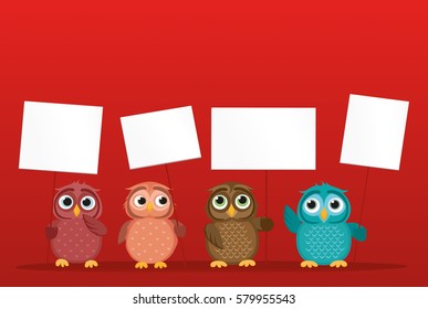 Lovely multicolored owlet keep empty pages and blank for your text or advertisement. Love Greeting card for the holiday. Vector illustration on a red background. Free place