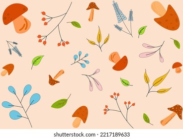 Lovely mushrooms, flowers and leaves arranged alternately. On a brown background, design for clothes, cover pattern, bags, towels, blankets, baby items, fabric pattern.