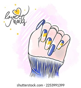 Lovely nail design, blue yellow color long nails, love nails, handwritten quote, trendy manicure