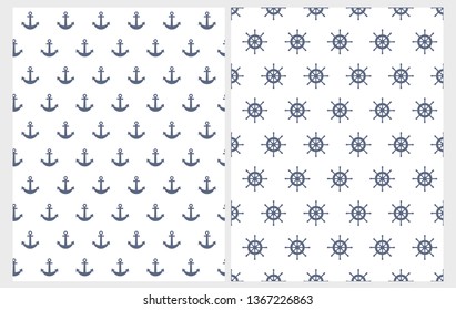 Lovely Nautical Vector Patterns Set. Navy Blue Anchors and Helms Isolated on a White Background. Marine Party Theme Repeatable Design. Abstract Nautical Party Vector Decoration.