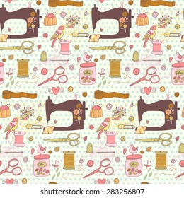 Lovely needlework seamless pattern in vector. Sweet sewing machine, scissors, sewing and other handicrafts items. Vintage background in cartoon style in awesome colors