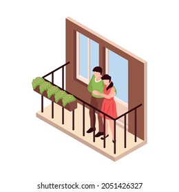 Lovely neighborhood isometric icon with hugging couple on balcony vector illustration