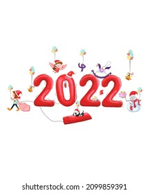 Lovely New Year 2022 greeting card poster or banner template isolated on white background and winter holidays items such as balloons bells gifts candles  snowman toys angel scarf and girl with gifts
