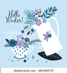 Schöne neue Jahreskarte mit Wasserkocher, Tasse, Blumen, Blätter und mit der Inschrift Hallo Winter. Ideal für Grußkarten, Postkarten, T-Shirt Design und andere Ihre Designs in Trendfarben.