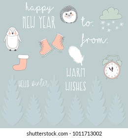Lovely New Year stickers with a picture of a penguin, a hedgehog, a sock, clouds for scrapbooking.