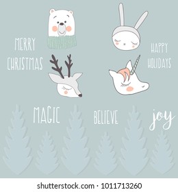 Lovely New Year stickers with a picture of deer, beer, unicorn, rabbit for scrapbooking.
