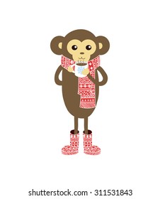 lovely new year`s monkey in warm clothes with cup of coffee