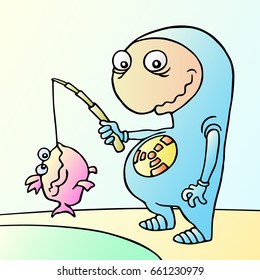 Lovely newcomer caught a big fish. Vector illustration. Cute cartoon characters.