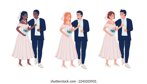 Lovely newlyweds with sparkling wine semi flat color vector characters set. Editable figures. Full body people on white. Simple cartoon style illustration collection for web graphic design, animation