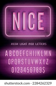 Lovely night box light extra glow font with numbers. Nice sign with pink narrow neon alphabet on dark brick wall background. Vector illustration