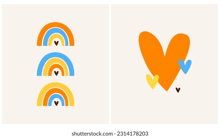 Lovely Nursery Art. Simple Vector Illustration with Blue-Yellow-Orange Rainbows and Hearts isolated on a Beige Background. Cute Boho Design ideal for Poster, Wall Art. RGB Colors.Kids Room Decoration.