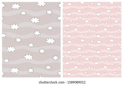Lovely Nursery Illustration with White Fluffy Clouds Isolated on a Light Pink  and Beige Background. Cute Print with Hand Drawn Clouds on a Blue Sky Ideal for Fabric, textile, Card, Wrapping Paper.