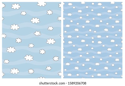 Lovely Nursery Illustration with White Fluffy Clouds Isolated on a Light Blue Background. Cute Print with Hand Drawn Clouds on a Blue Sky Ideal for Fabric, textile, Card, Wrapping Paper, Decoration.