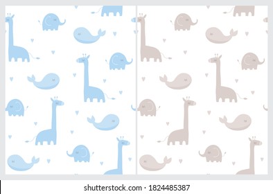 Lovely Nursery Seamless Vector Pattern with Girrafe, Whale and Little Elephant. Pastel Blue and Light Brown Animals and Hearts Isolated on a White Background. Baby Boy Party Print.