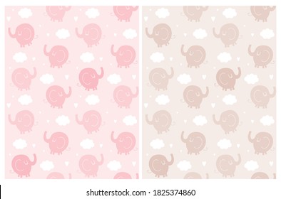 Lovely Nursery Seamless Vector Pattern with Little Elephant. Pastel Pink and Light Brown Elephants. Baby Girl Party Print.