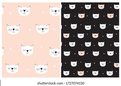 Lovely Nursery Seamless Vector Prints. White Cats Isolated on a Salmon Pink and Black Background.Cute Print with Smiling Kittens and Tiny Hearts. Funny Simple Repeatable Design for Cat Lovers.