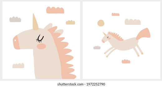 Lovely Nursery Vector Art with Cute Unicor. Light Beige Unicorn with Blush Pink Tail Isolated on a White Background. Sweet Magic Horse Vector Print ideal for Card, Wall Art, Poster.