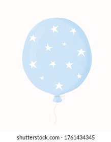 Lovely Nursery Vector Illustration with Blue Balloon. Cute Pastel Blue Watercolor Style Balloon with Starry Print Isolated on an Off-White Background. Baby Boy Party Decoration.