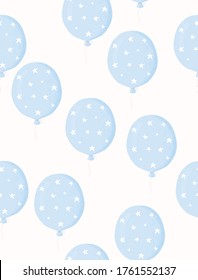 Lovely Nursery Vector Illustration with Blue Balloon. Cute Seamless Vector Pattern with Pastel Blue Watercolor Style Balloon with White Starry Print Isolated on an Off-White Background.Baby Boy Party.