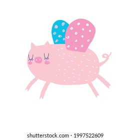 Lovely Nursery Vector Illustration  with Cute Fying Pig with Butterfly Wings. Pink Pig Isolated on a White Background. Infantile Style Abstract Print with Magic Piglet ideal for Card, Wall Art,Poster.