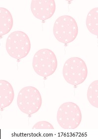 Lovely Nursery Vector Illustration with Pink Balloon. Cute Seamless Vector Pattern with Pastel PinkWatercolor Style Balloon with Starry Print Isolated on an Off-White Background. Baby Girl Party.