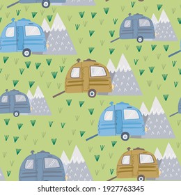 Agradable Vector de Guardería Patrón de vans y montañas sin costura en encantadora paleta de colores.	