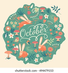 Lovely October concept card with awesome animals in vector. Autumn background rabbit in bright colors