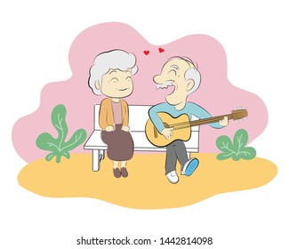 Lovely old couple sing a song together. vector illustration isolated cartoon hand drawn background landscape