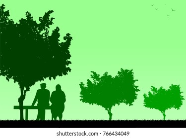 Lovely old couple sitting on bench in park, one in the series of similar images silhouette