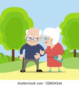 Lovely old couple smiling each other and enjoying the walking. Bald old man and old woman going for a walk in the park.  Fully editable vector illustration. Flat design, cartoon style. 