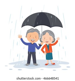 Lovely old couple under umbrella in the rain. Vector illustration of an old man and woman with umbrella in the rainy day.