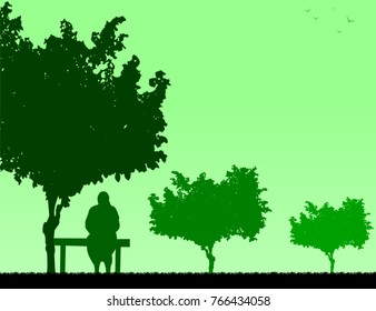 Lovely old grandma sitting on bench in park, one in the series of similar images silhouette
