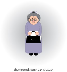 lovely old lady in glasses and an apron is standing with a bag in her hands