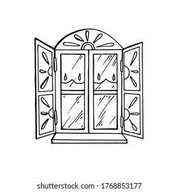 Lovely old-style window hand-drawn image with carved shutters. Black and white vector image. Isolated on a white background.