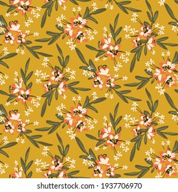 Lovely orange flowers with white details and green leaves on Fortuna gold yellow background. Pretty floral seamless vector pattern. Great for home decor, fabric, wallpaper, gift-wrap, stationery etc.