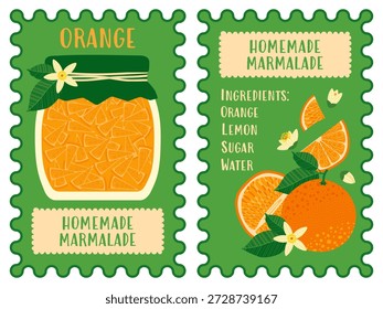 Cartão de marmelada laranja encantador com um frasco com pedaços de frutas, fatias de citrinos, folhas e uma lista de ingredientes. Ideal para embalagem de geleia caseira, decoração de cozinha, cartões de receita, marca de alimentos e muito mais.