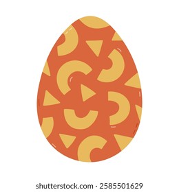 Lovely orange painted egg with geometric shapes pattern for Easter egg hunt. Trendy cartoon egg with circles, triangle ornament for religious springtime holiday, funny game. Cute hand drawn clipart.