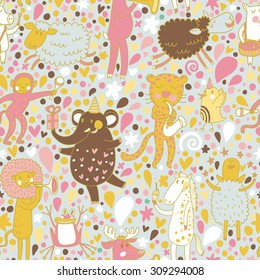 Lovely orchestra concept wallpaper. Lion, elephant, horse, elk, pig and monkey playing on musical instruments. Seamless pattern can be used for wallpaper, pattern fills, web page backgrounds