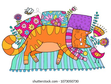 Lovely ornamental vector illustration of red cat sleeping surrounded by pillows and flowers.