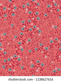 Lovely ornate flower vector pattern with small blue accents on warm pink background. Seamless trendy vintage style. Great for fashion, wallpaper, wrapping paper, card design etc.