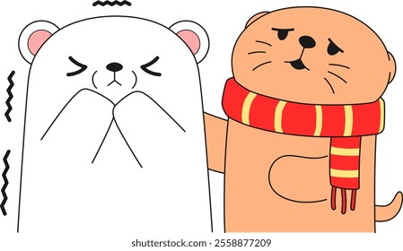 Lovely Otter Worried That The Polar Bear Is Cold Vector Illustration