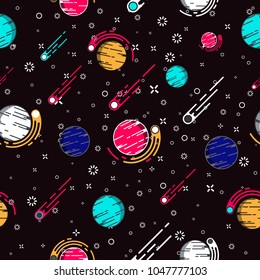 Lovely outer space planets vector flat seamless pattern with asteroid, comet, stars. Ideal for wrapping paper printables, website background, wallpaper and fabric design. Artwork on separate layer