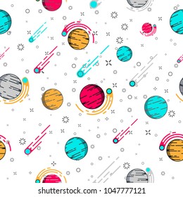 Lovely outer space planets vector flat seamless pattern with asteroid, comet, stars. Ideal for wrapping paper printables, website background, wallpaper and fabric design. Artwork on separate layer