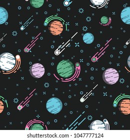 Lovely outer space planets vector flat seamless pattern with asteroid, comet, stars. Ideal for wrapping paper printables, website background, wallpaper and fabric design. Artwork on separate layer