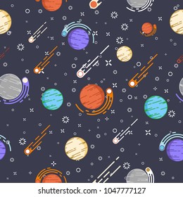 Lovely outer space planets vector flat seamless pattern with asteroid, comet, stars. Ideal for wrapping paper printables, website background, wallpaper and fabric design. Artwork on separate layer