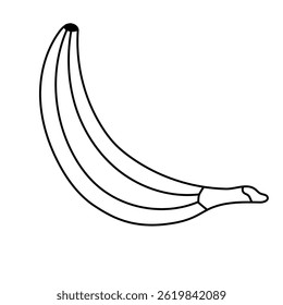 Adorável contorno de banana em casca em estilo infantil. Bonito fruta simples dos trópicos para delicioso lanche saudável isolado no fundo branco. Desenho de comida para cartão, design, impressão, cartaz